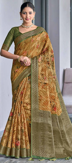 Beige and Brown color Saree in Silk fabric with Floral, Printed, Weaving work