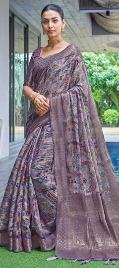 Purple and Violet color Saree in Silk fabric with Floral, Printed, Weaving work