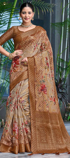 Beige and Brown color Saree in Silk fabric with Floral, Printed, Weaving work