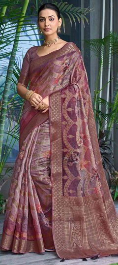 Pink and Majenta color Saree in Silk fabric with Floral, Printed, Weaving work