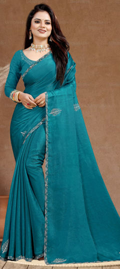 Blue color Saree in Chiffon fabric with Fancy Work work