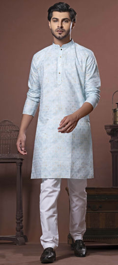 Blue color Kurta Pyjamas in Cotton fabric with Digital Print work