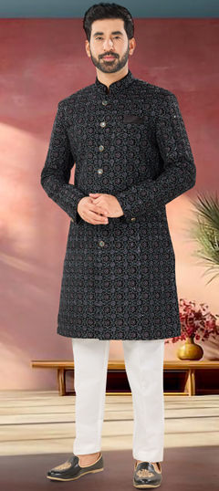 Black and Grey color IndoWestern Dress in Velvet fabric with Embroidered, Sequence, Thread work