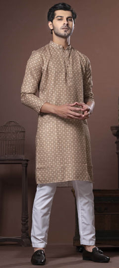 Beige and Brown color Kurta Pyjamas in Cotton fabric with Digital Print work