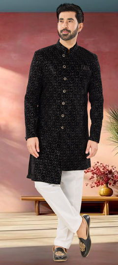 Black and Grey color IndoWestern Dress in Velvet fabric with Embroidered, Sequence, Thread work