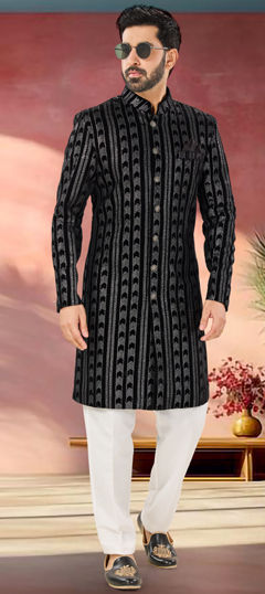 Black and Grey color IndoWestern Dress in Velvet fabric with Embroidered, Sequence, Thread work