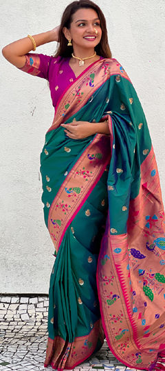 Green color Saree in Silk fabric with Weaving work