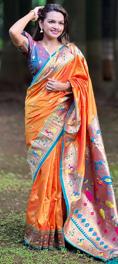 Orange color Saree in Silk fabric with Weaving work