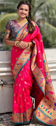 Pink and Majenta color Saree in Silk fabric with Weaving work