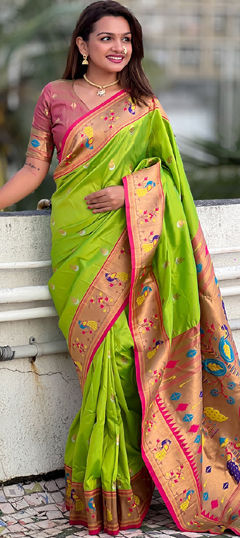 Green color Saree in Silk fabric with Weaving work