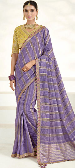 Purple and Violet color Readymade Saree in Silk fabric with Embroidered, Lace, Sequence, Thread work