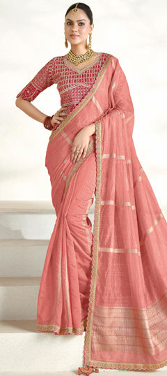 Pink and Majenta color Readymade Saree in Silk fabric with Embroidered, Lace, Sequence, Thread work