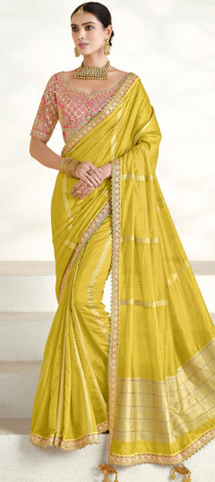 Yellow color Readymade Saree in Silk fabric with Embroidered, Lace, Sequence, Thread work