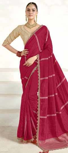 Red and Maroon color Readymade Saree in Silk fabric with Embroidered, Lace, Sequence, Thread work