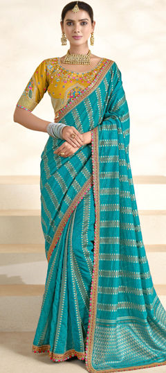 Blue color Readymade Saree in Silk fabric with Embroidered, Lace, Sequence, Thread work