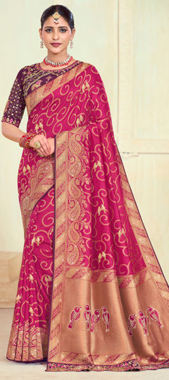 Pink and Majenta color Saree in Silk fabric with Sequence, Stone, Weaving, Zari work