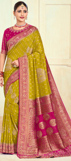 Green color Saree in Silk fabric with Embroidered, Stone, Weaving, Zari work