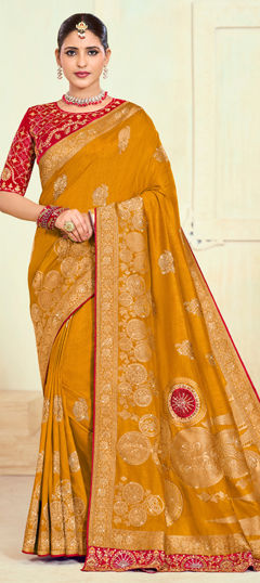 Yellow color Saree in Silk fabric with Embroidered, Stone, Weaving, Zari work