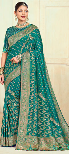 Blue color Saree in Silk fabric with Embroidered, Sequence, Stone, Weaving, Zari work