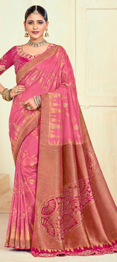 Pink and Majenta color Saree in Silk fabric with Stone, Weaving, Zari work