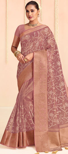 Pink and Majenta color Saree in Organza Silk fabric with Embroidered, Thread, Weaving work