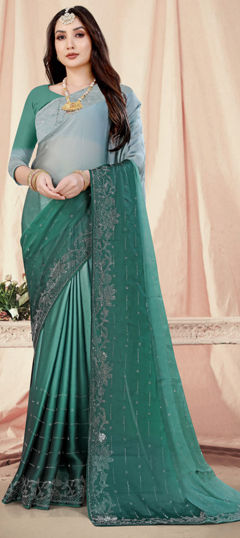 Black and Grey, Green color Saree in Chiffon fabric with Stone, Swarovski work