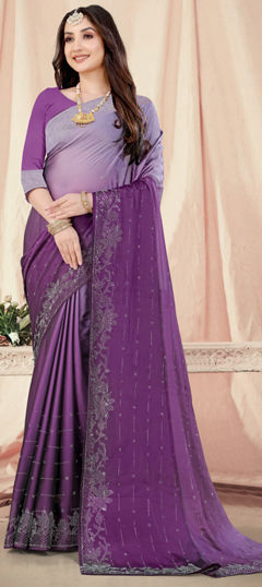 Purple and Violet color Saree in Chiffon fabric with Stone, Swarovski work