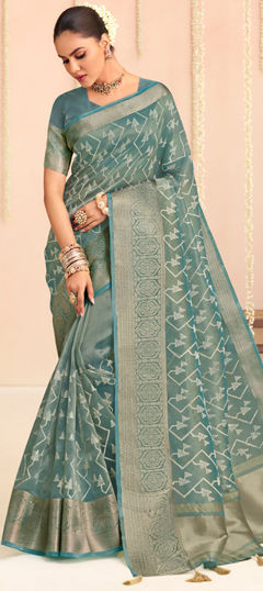 Blue color Saree in Organza Silk fabric with Embroidered, Thread, Weaving work