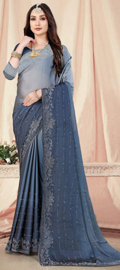 Black and Grey color Saree in Chiffon fabric with Stone, Swarovski work