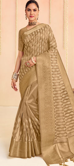 Beige and Brown color Saree in Organza Silk fabric with Embroidered, Thread, Weaving work