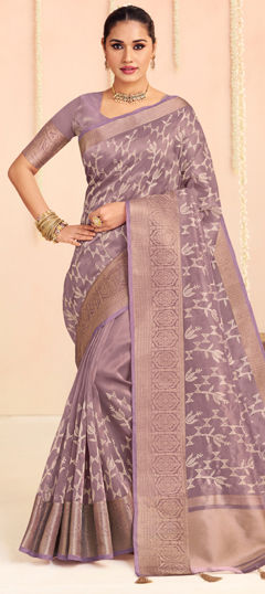 Purple and Violet color Saree in Organza Silk fabric with Embroidered, Thread, Weaving work