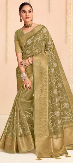 Green color Saree in Organza Silk fabric with Embroidered, Thread, Weaving work