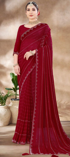 Red and Maroon color Saree in Chiffon fabric with Stone, Swarovski work