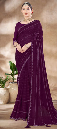 Purple and Violet color Saree in Chiffon fabric with Stone, Swarovski work