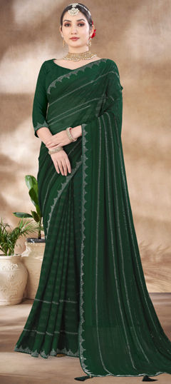 Green color Saree in Chiffon fabric with Stone, Swarovski work