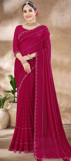 Pink and Majenta color Saree in Chiffon fabric with Stone, Swarovski work