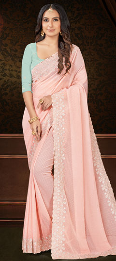 Pink and Majenta color Saree in Chiffon fabric with Border, Embroidered, Swarovski, Thread work