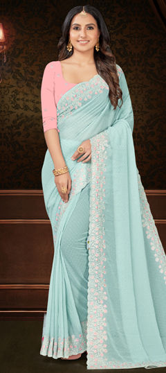 Blue color Saree in Chiffon fabric with Border, Embroidered, Swarovski, Thread work