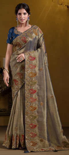 Black and Grey color Saree in Georgette, Organza Silk fabric with Embroidered, Sequence, Thread, Zari work