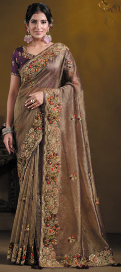 Gold, Purple and Violet color Saree in Crushed Silk fabric with Embroidered, Moti, Sequence, Thread, Zari work