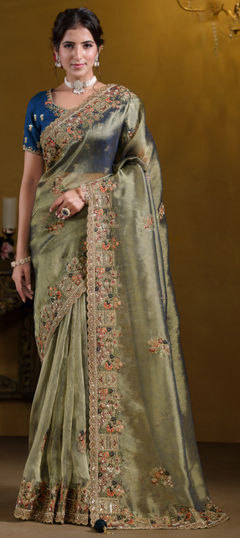 Green color Saree in Georgette, Organza Silk fabric with Embroidered, Moti, Sequence, Thread, Zari work