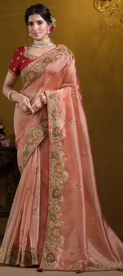 Pink and Majenta color Saree in Tissue fabric with Embroidered, Sequence, Thread, Zari work