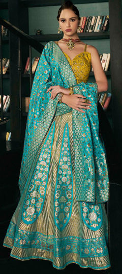 Blue color Ready to Wear Lehenga in Silk fabric with Embroidered, Lace, Thread, Weaving, Zari work
