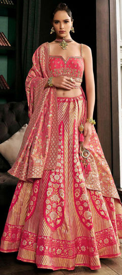 Pink and Majenta color Ready to Wear Lehenga in Silk fabric with Embroidered, Lace, Thread, Weaving, Zari work