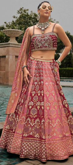 Pink and Majenta, Red and Maroon color Ready to Wear Lehenga in Silk fabric with Embroidered, Thread, Weaving, Zari work