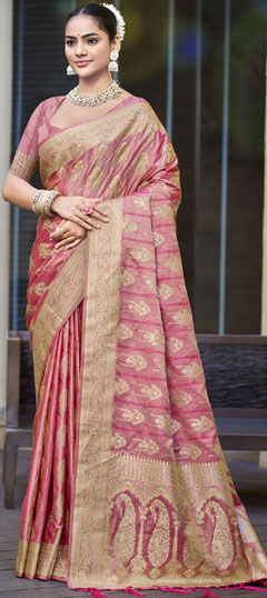 Pink and Majenta color Saree in Satin Silk fabric with Weaving, Zari work