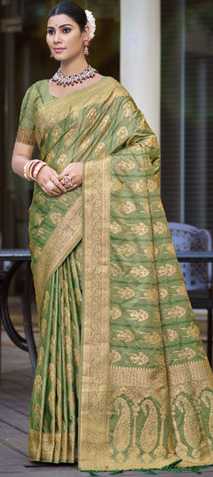 Green color Saree in Satin Silk fabric with Weaving, Zari work