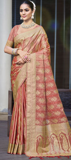 Red and Maroon color Saree in Satin Silk fabric with Weaving, Zari work