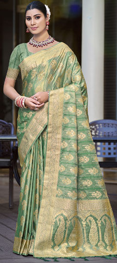 Green color Saree in Satin Silk fabric with Weaving, Zari work