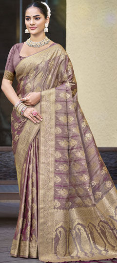 Purple and Violet color Saree in Satin Silk fabric with Weaving, Zari work